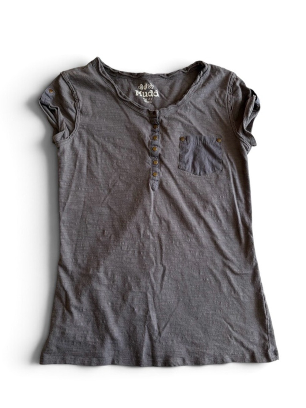 MUDD Vintage Charcoal Gray Top Juniors Size XL 16 Buttons Shortsleeve